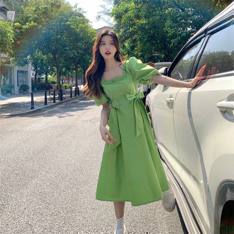 Đầm Tay Ngắn Cổ Vuông Dáng Rộng Thắt Nơ Phong Cách Hàn Quốc Thời Trang Cho Nữ