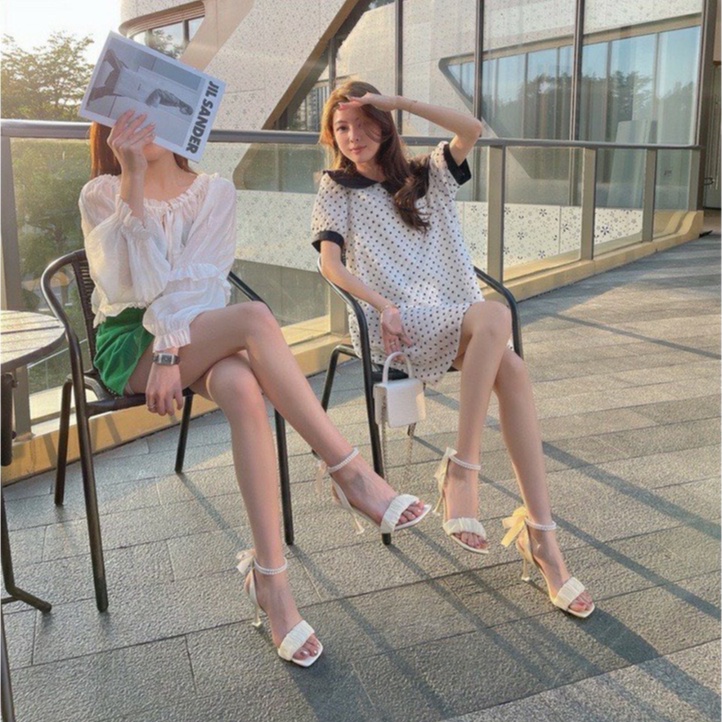 Giày cao gót nhọn 7p quai ren dún cột nơ cổ chuỗi [kèm video và ảnh thật]