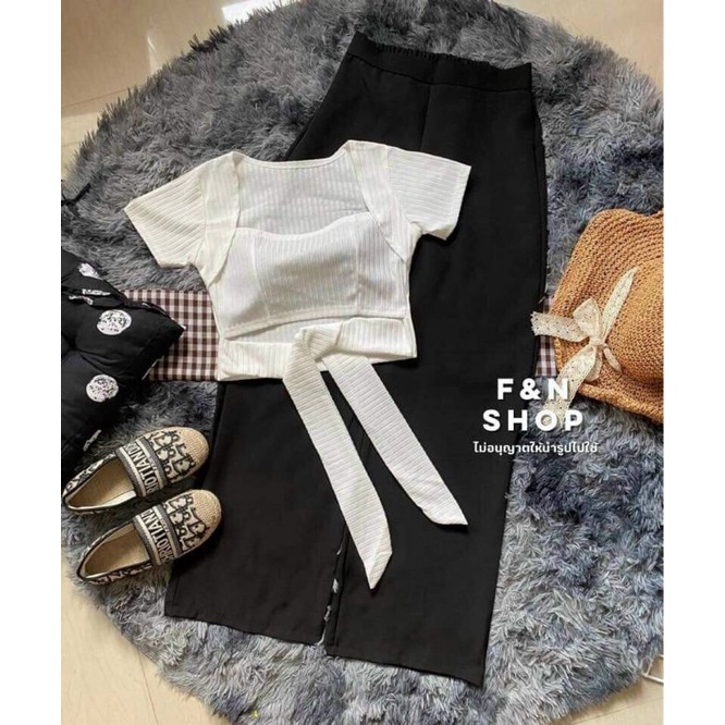 😻sét nữ áo croptop gân tăm cột nơ tà ôm eo phối quần lụa ống đứng