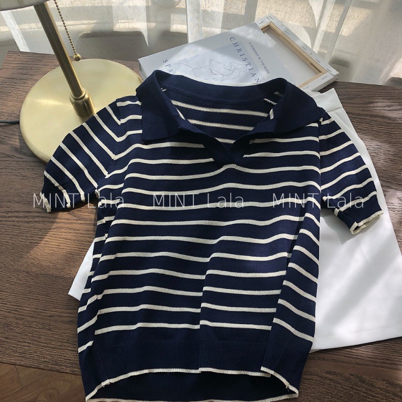 Áo Len Tay Ngắn Polo Cổ V Họa Tiết Kẻ Sọc Ngang Loại Đẹp | BigBuy360 - bigbuy360.vn