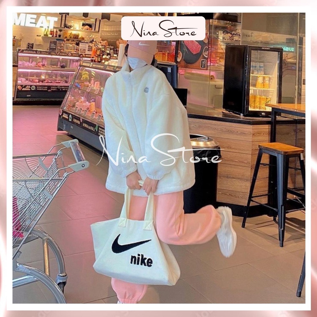 Áo khoác lông thỏ in LOGO Áo khoác ngoài nữ form rộng unisex phong cách Hàn Quốc NinaStore