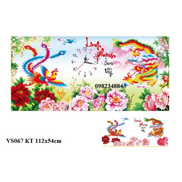 Tranh đính đá đồng hồ long phụng sum vầy KT:112x54cm Tranh gắn đá tự đính