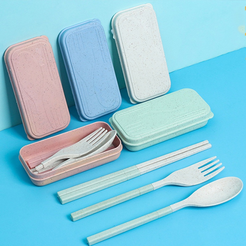 Set 3 món muỗng đũa nĩa HOUSEEKER chất liệu sợi rơm lúa mì thân thiện với môi trường