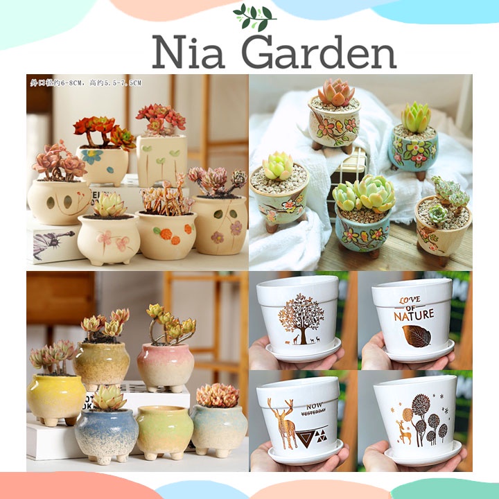 Chậu trồng sen đá xương rồng mini chất liệu đất nung gốm sứ Trung Hàn nhiều mẫu Nia Garden N7