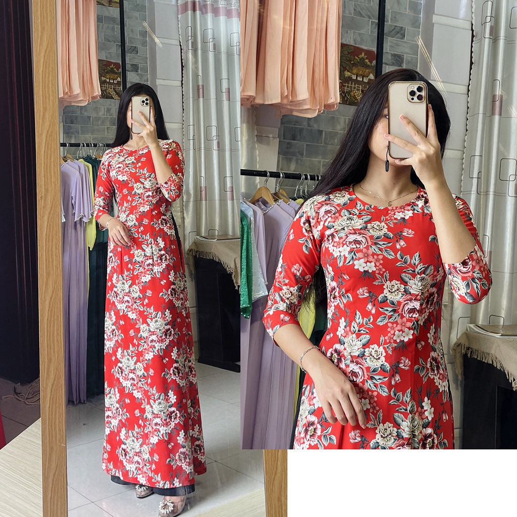 Áo dài đỏ hoa nhí - Áo dài đỏ đô in hoa đào