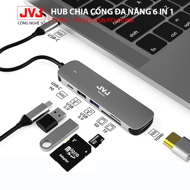 Hub chuyển đổi Macbook JVJ C11 cổng TypeC 11in1 sáng HDMI 4K, VGA, USB - C 3.0, cổng lan RJ45, TypeC 3.5mm BH 2 năm1đổi1