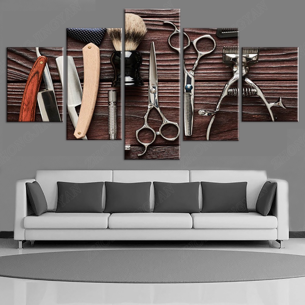 Set 5 Tranh Canvas In Họa Tiết Các Công Cụ Làm Tóc Hiện Đại Cho Tiệm Cắt Tóc