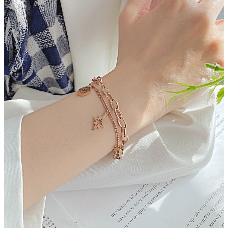 Lắc Tay 2 Tầng Dây Xích Ngôi Sao Tám Cánh Titan Ko Đen TT 4163