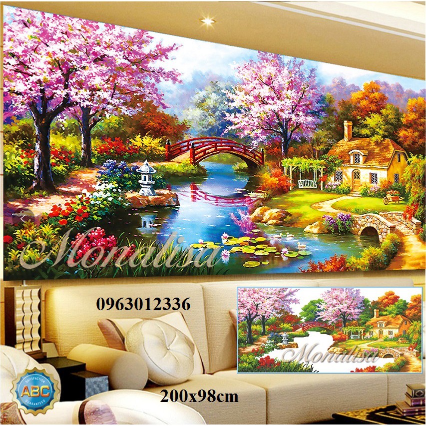 tranh đính đá cao cấp phong cảnh ngôi nhà tổ ấm hạnh phúc kt 200x98cm