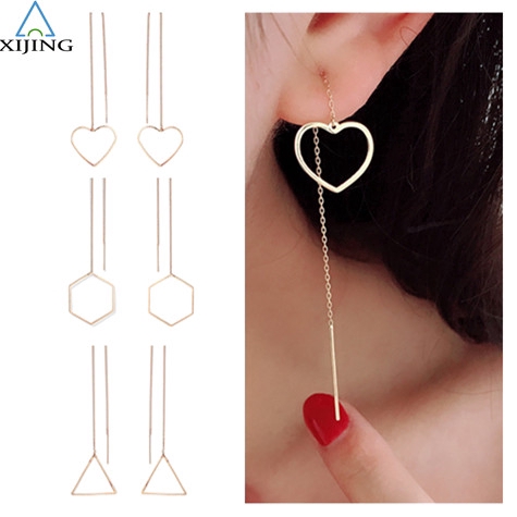 XIJING-COD Fashion Woman Simple Gold Geometric Heart Triangle Pendant Long Chain Earring Jewelry