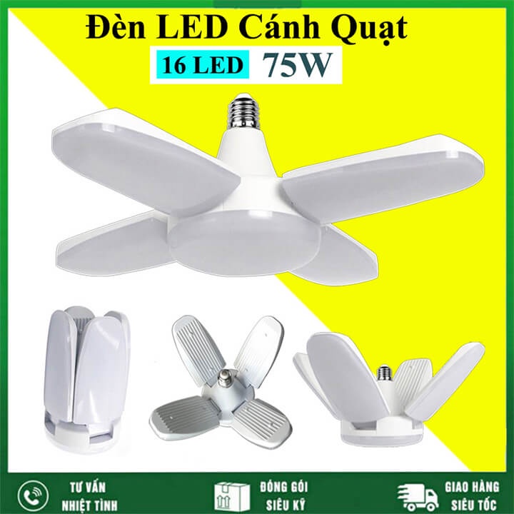 Bóng đèn Led cánh quạt 4 cánh 75W tiết kiệm điện, ánh sáng trắng, chuối xoáy E27 có thể điều chỉnh góc độ sáng