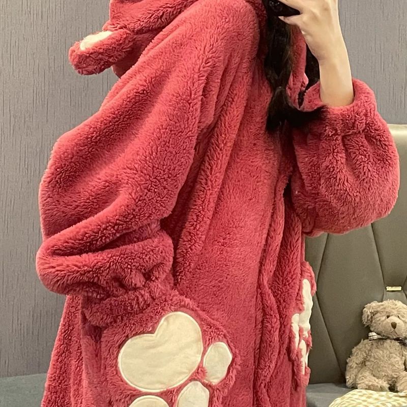 Áo khoác màu xanh lá cây mùa thu và mùa đông SAN hô mềm và dày pajama dâu tây gấu áo ngủ dễ thương dễ thương