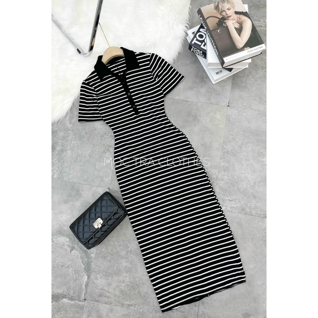 Đầm polo nữ ngắn tay dáng maxi dài, Váy body nữ dáng ôm ngắn thiết kế kẻ ngang cổ bẻ ngắn tay trẻ trung vintage đẹp rẻ