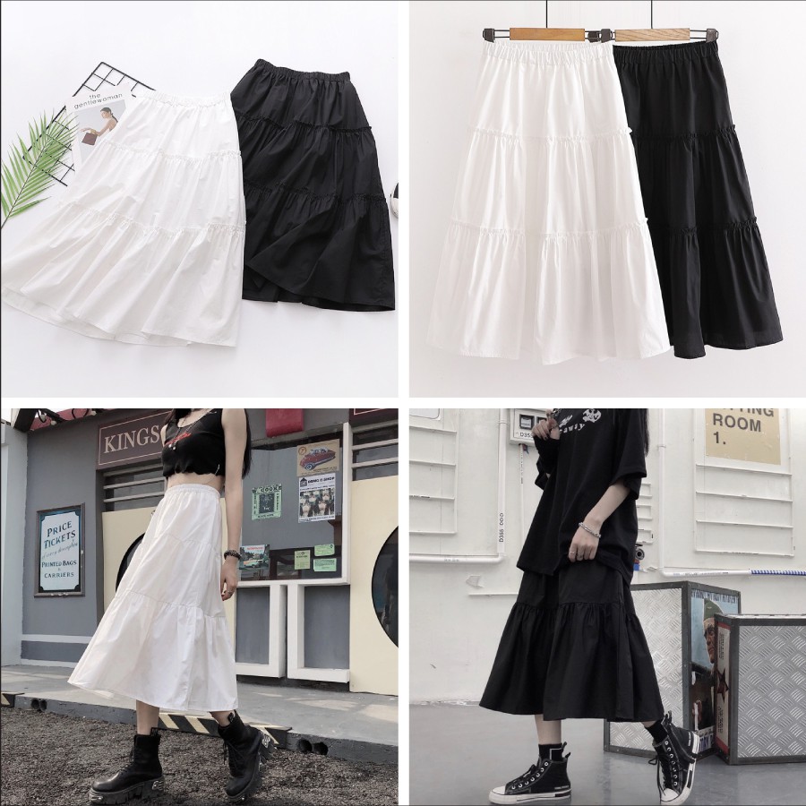 Chân Váy Dài Thiết Kế 3 Tầng Chất Liệu Voan - Chân Váy Ulzzang Cạp Chun Màu Đen Trắng Basic CV002 | BigBuy360 - bigbuy360.vn