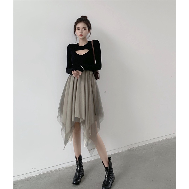 [GIÁ SỐC] 💜 Váy nữ đen dài tay thu đông kết hợp chân váy tutu siêu siêu yêu 🎀