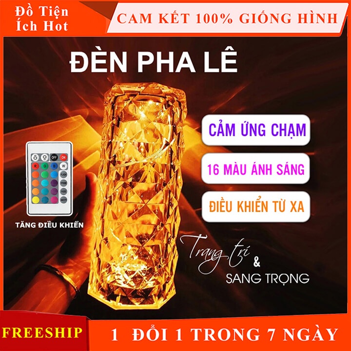 Đèn ngủ để bàn pha lê trang trí decor phòng cảm ứng chạm, Led RGB 16 màu sắc ánh sáng - Tặng kèm điều khiển từ xa