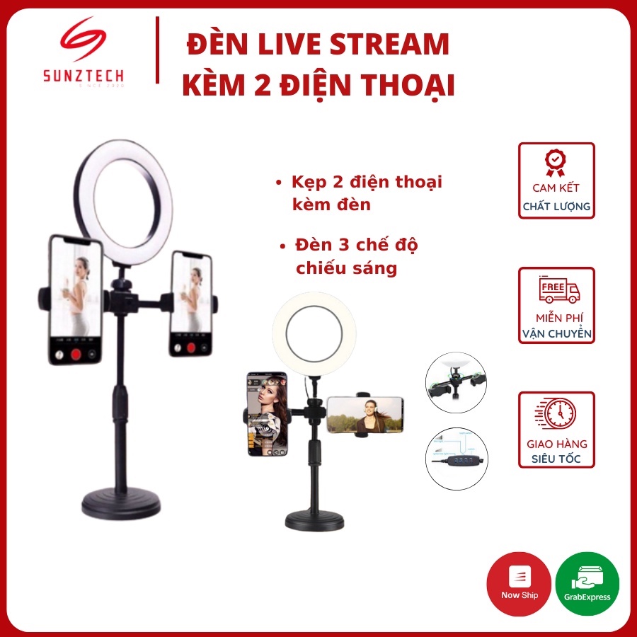 Đèn livestream để bàn, tích hợp giá đỡ kẹp 2 điện thoại, kiêm đèn led 3 chế độ màu quay video bán hàng, chụp ảnh make-up