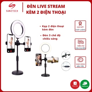 Đèn livestream để bàn, tích hợp giá đỡ kẹp 2 điện thoại, kiêm đèn led 3 chế độ màu quay video bán hàng, chụp ảnh make-up