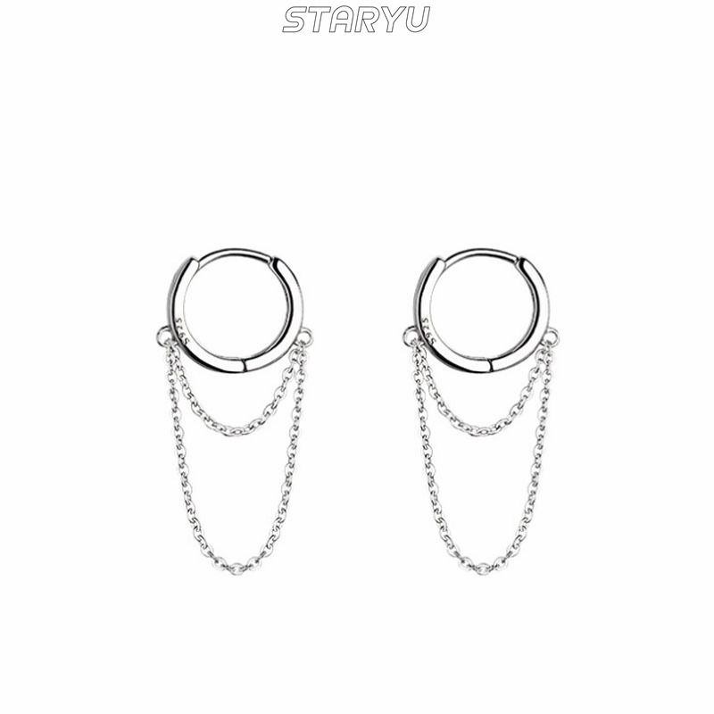 Khuyên tai bạc 925 hình tròn phối chuỗi dây xích phong cách Hàn Quốc thời trang cá tính cho nữ