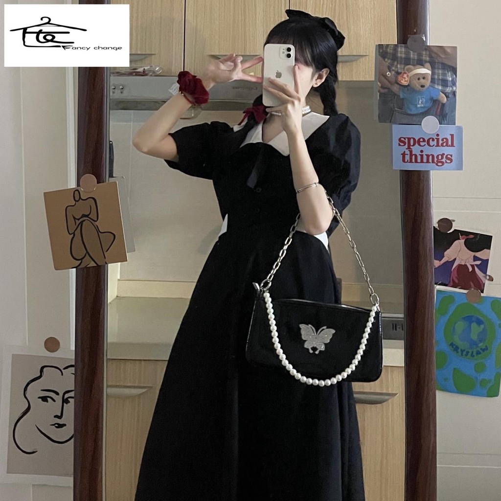 Hàng Có Sẵn Bán Chạy~Đầm Tay Phồng Dài Ôm Eo Màu Đen Kiểu Hàn Quốc Thời Trang Mùa Hè Cho Nữ