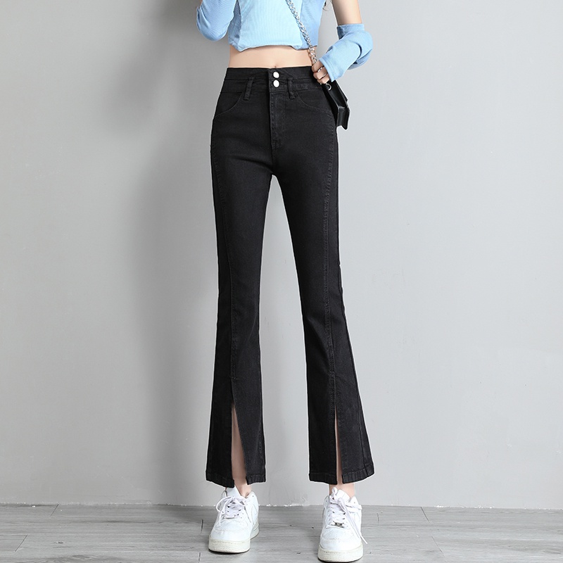 Quần jeans SUXI đen lưng cao ống loe xẻ tà thời trang xuân thu cho nữ