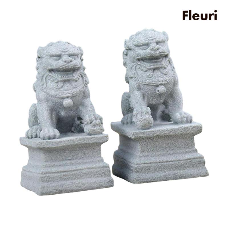 Bộ 2 Bức Tượng Sư Tử Bằng Đá Cát Phong Cách Trung Hoa Dùng Trang Trí Vườn