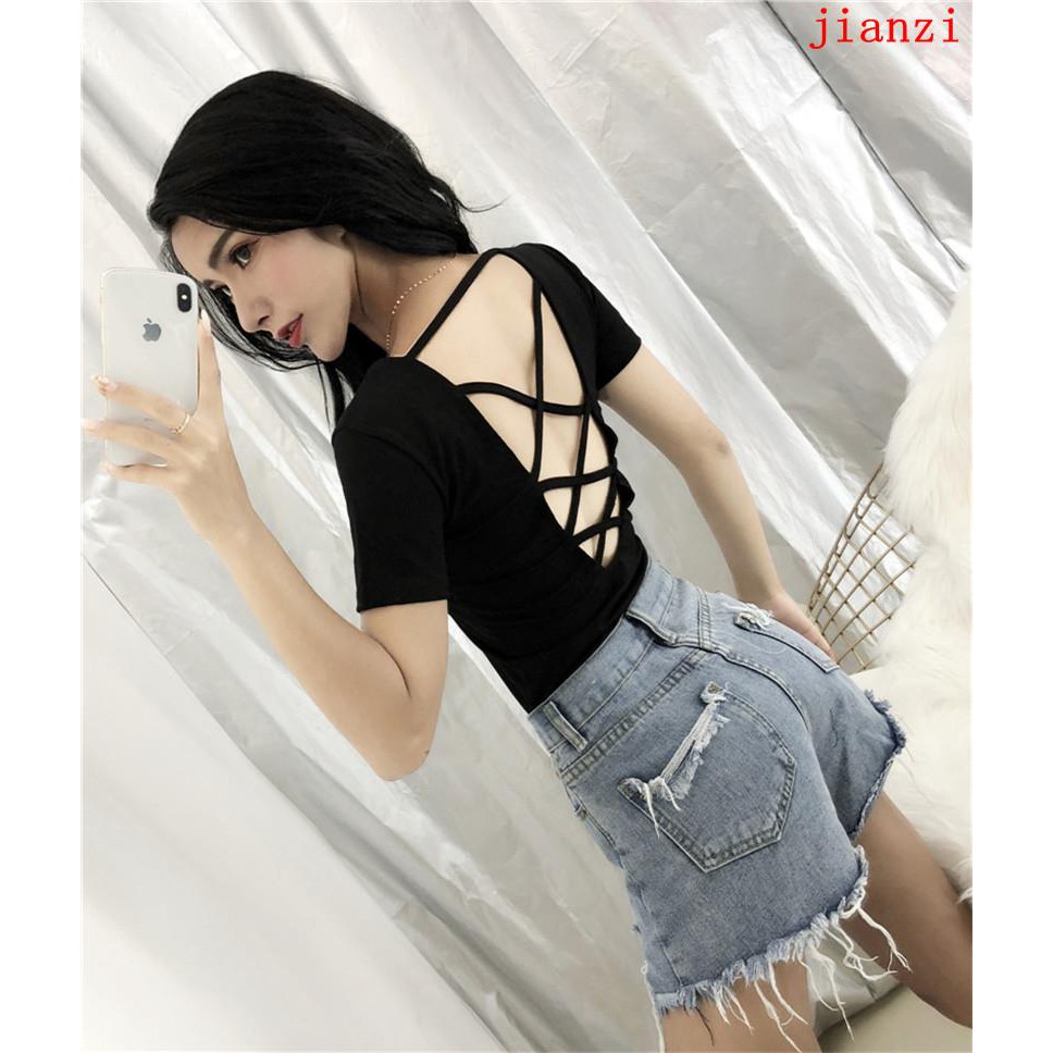 Mùa hè 2018 mới gợi cảm hộp đêm nữ ngắn tay thon gọn lưng gợi cảm lưng to Slim T...