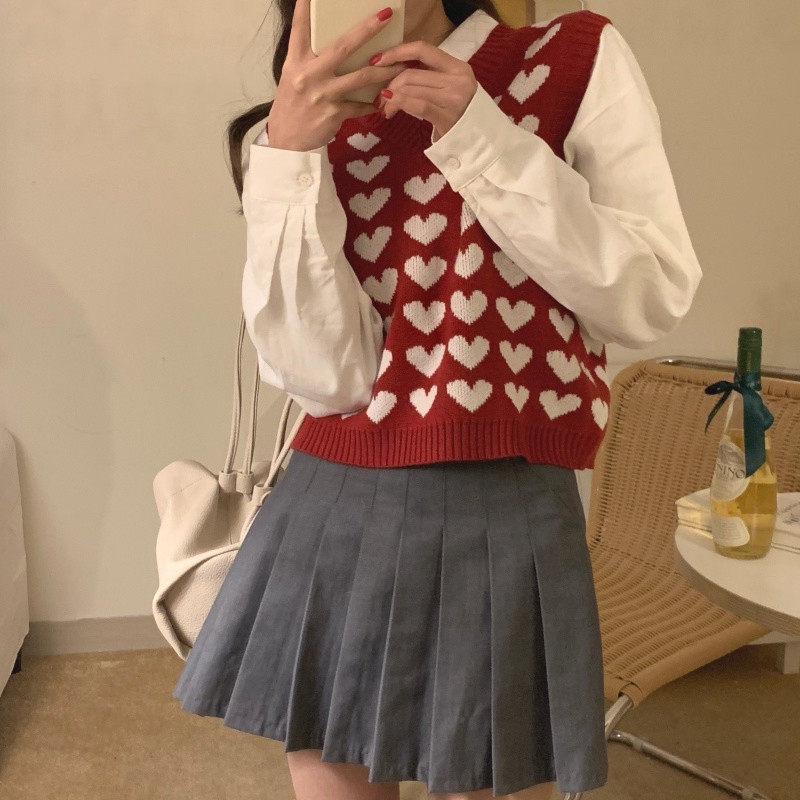 Áo Dệt Kim Sát Nách Cổ Chữ V In Hình Trái Tim Kiểu Retro Hàn Quốc Dễ Phối Đồ Cho Nữ | BigBuy360 - bigbuy360.vn