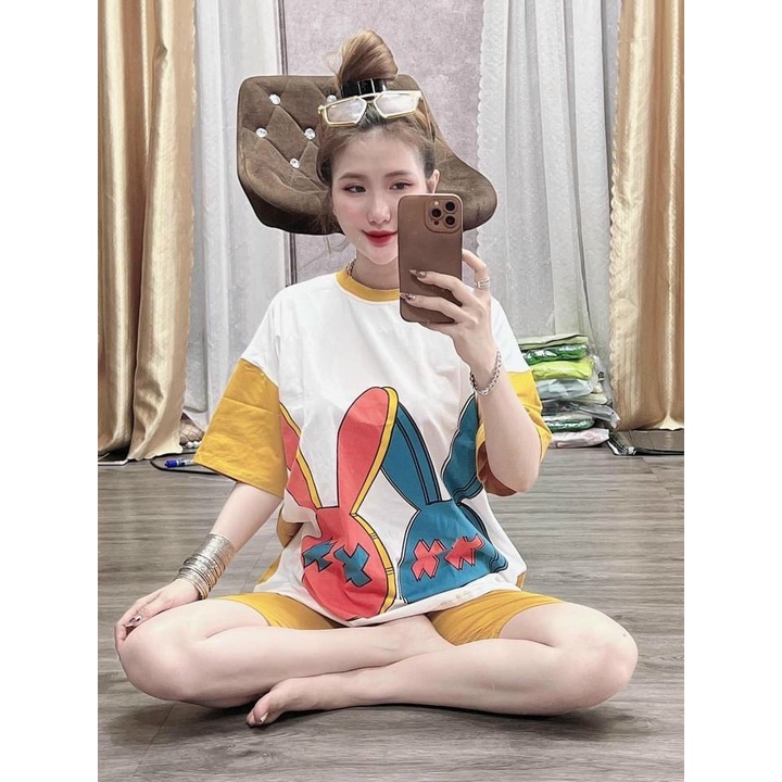 Sét bộ lững thời trang nữ mặc đi chơi chất thun tici in 2 con thỏ mắt X cổ tròn tay ngắn mix quần ngố