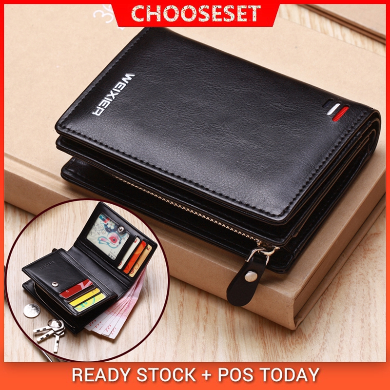 Ví ngắn LABER LEE kẹp tiền bằng da có dây khóa kéo đựng được nhiều thẻ cho nam