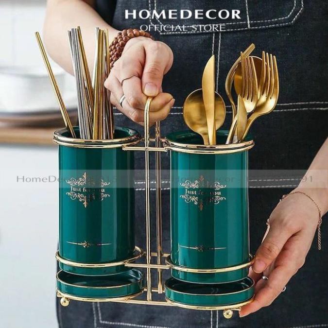 Ống cắm đũa sứ xanh khung thép mạ vàng | BigBuy360 - bigbuy360.vn