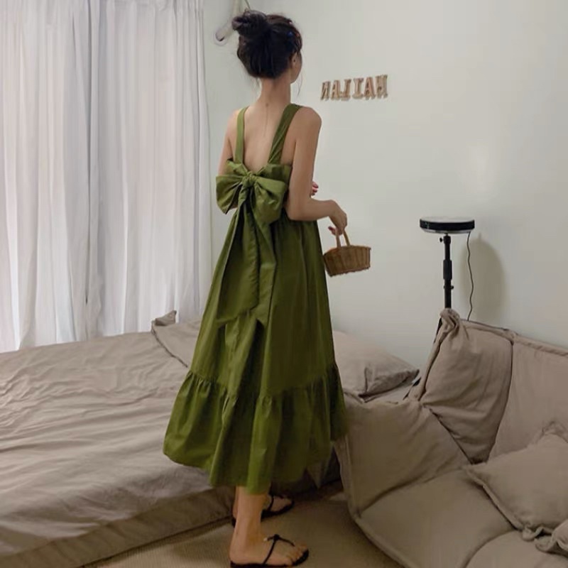 Váy maxi 2 dây bản to nơ lưng siêu lớn đi chơi đi biển