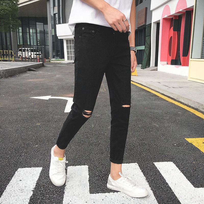 Quần jean nam rách gối màu đen vải bò dáng baggy