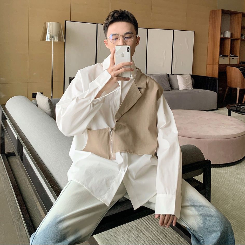 Áo Sơ Mi Nam Dài Tay Giả Hai Lớp Phối Áo Vest Thời Trang Cao Cấp