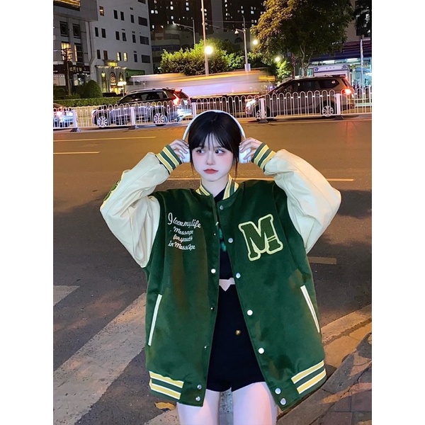 Áo khoác bomber varsity tay da hoạt tiết thêu phong cách retro thời trang nam nữ