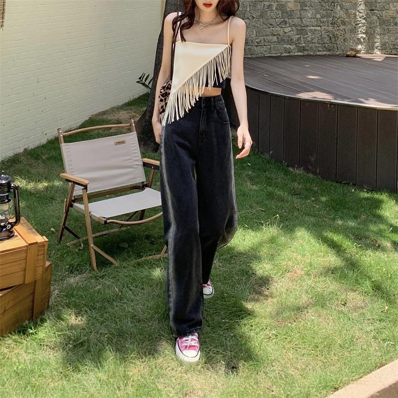 Quần Jean Ống Rộng Màu Đen Lưng Cao Họa Tiết Kẻ Sọc Phong Cách Hàn Quốc Thời Trang Cho Nữ