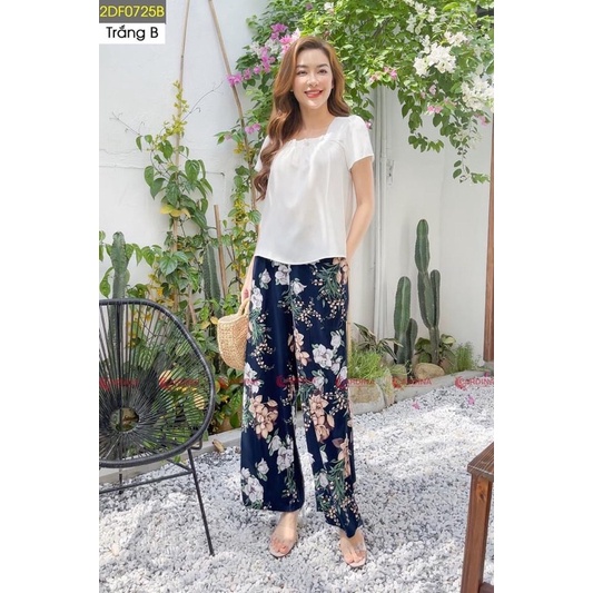 Đồ bộ nữ CARDINA cao cấp áo chất đũi trơn bamboo tay bèo quần lanh lụa dáng suông họa tiết 2DF07