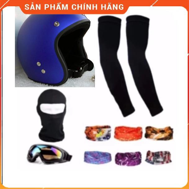 Bộ 1 nón bảo hiểm 3/4 đầu (Xanh mực) + 1 mũ ninja + 1 đôi bao tay chống nắng + 1 kính phượt + Tặng 2 khăn phượt đa năng