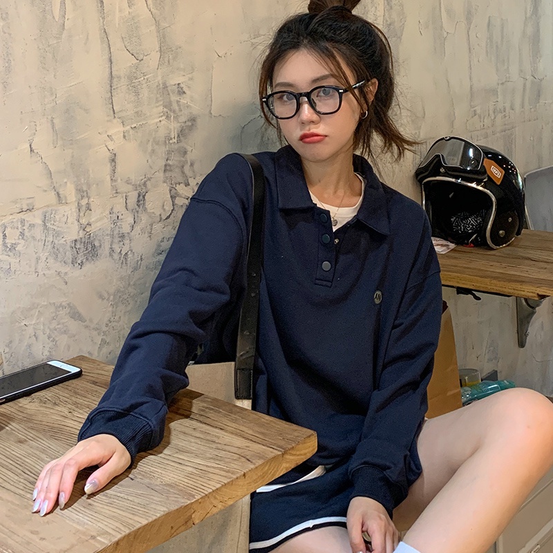 SUXI Áo nỉ dài tay dáng rộng thêu họa tiết phong cách mới thời trang thu đông cho nữ