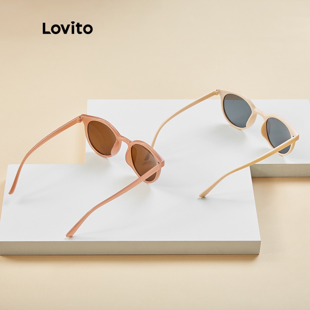 Kính mắt Lovito gọng tròn tròng có màu kiểu retro thường ngày với hộp đựng L17M182 (Màu be/Hồng)