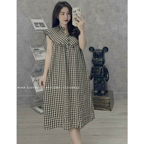 Váy bầu ngắn tay thời trang thiết kế kẻ caro xinh xắn M493 Mom and Baby