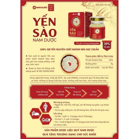 Yến sào Nam Dược ✅KHÔNG CHẤT BẢO QUẢN✅30% yến nguyên chất - Hộp 1 lọ 70ml