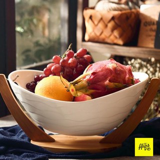 Khay đựng hoa quả - khay đựng trái cây hoa quả giỏ bằng sứ cao cấp và khung tre