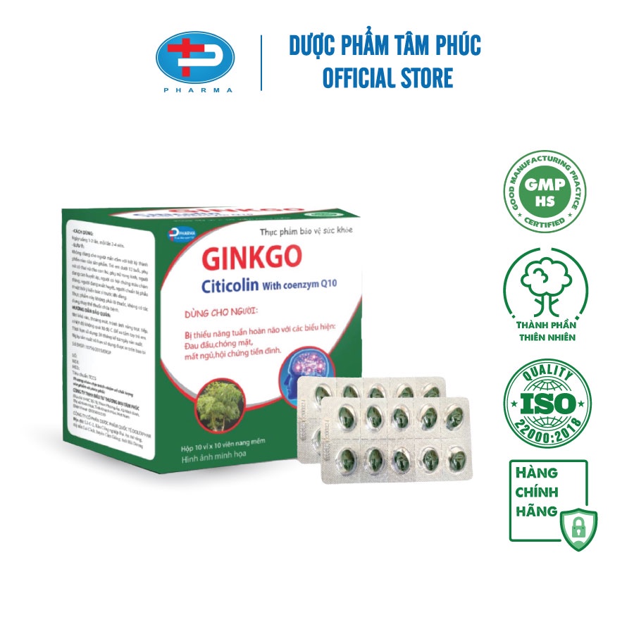 Viên Nang Mềm Ginkgo Citicolin With Coenzym Q10 TÂM PHÚC PHARMA Hỗ Trợ Hoạt Huyết Tăng Cường Tuần Hoàn Máu Não