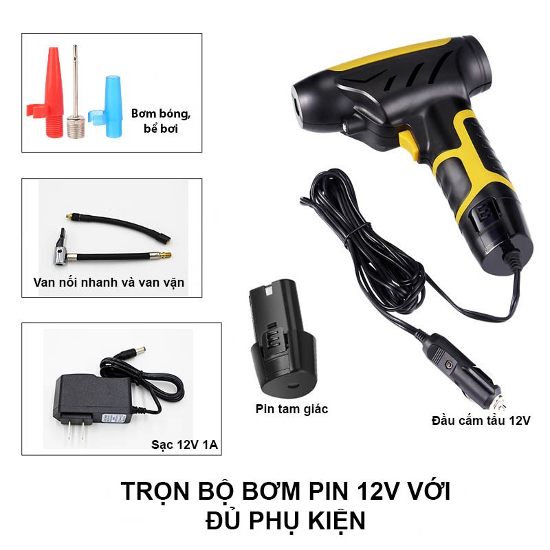 Bơm lốp dùng pin tam giác 12v nhiều phụ kiện kèm theo