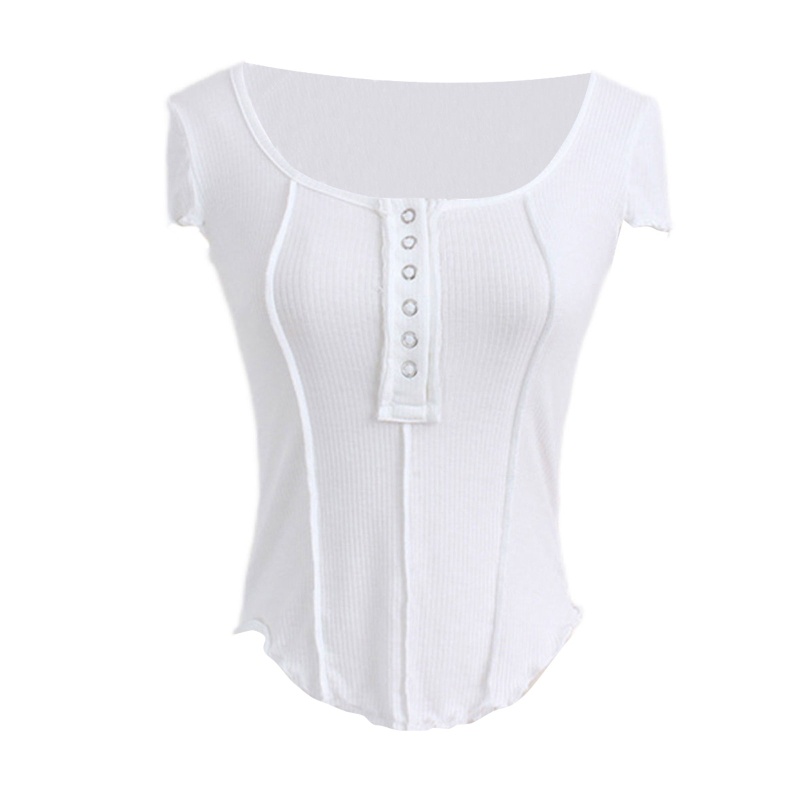 Áo Thun Nữ Ngắn Tay Cổ Chữ U Cài Nút Thời Trang