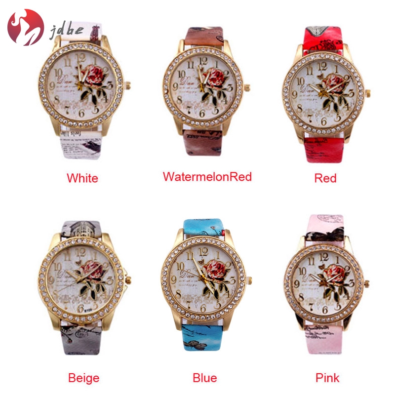 ✿JDBE✿ Women Lady Girl Wrist Quartz Watch Round Rose Pattern Printing Fashion Birthday Gift