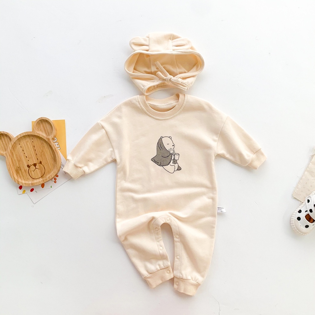 Áo Liền Quần Tay Dài Chất Liệu Cotton Mỏng In Hình Gấu Dễ Thương Cho Bé 0-24 Tháng Tuổi