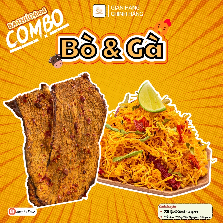 COMBO 500g Khô Bò lát Tây Nguyên và 500g Khô Gà xé lá chanh