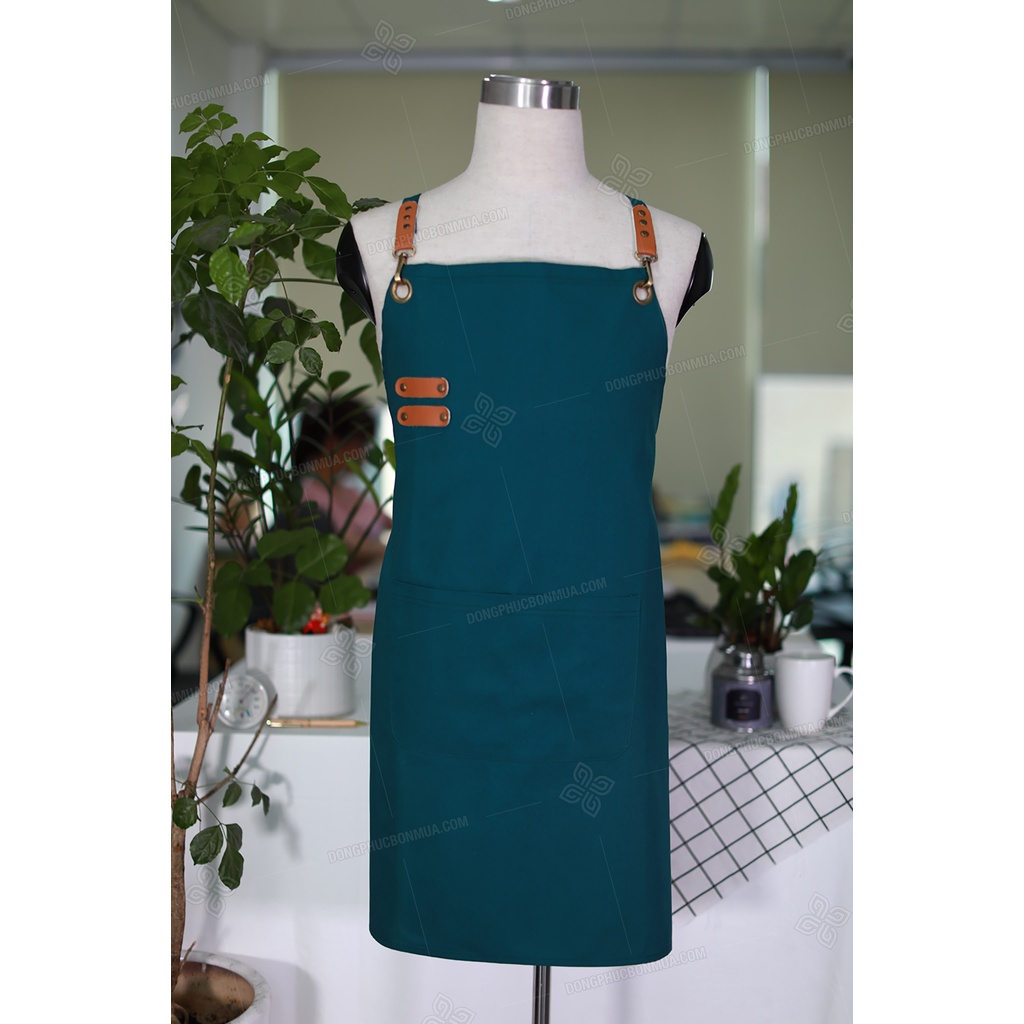 Tạp dề hàng thiết kế cao cấp - Màu xanh, vải kaki phối da có túi rộng tiện lợi - Cho nhân viên phục vụ nam, nữ